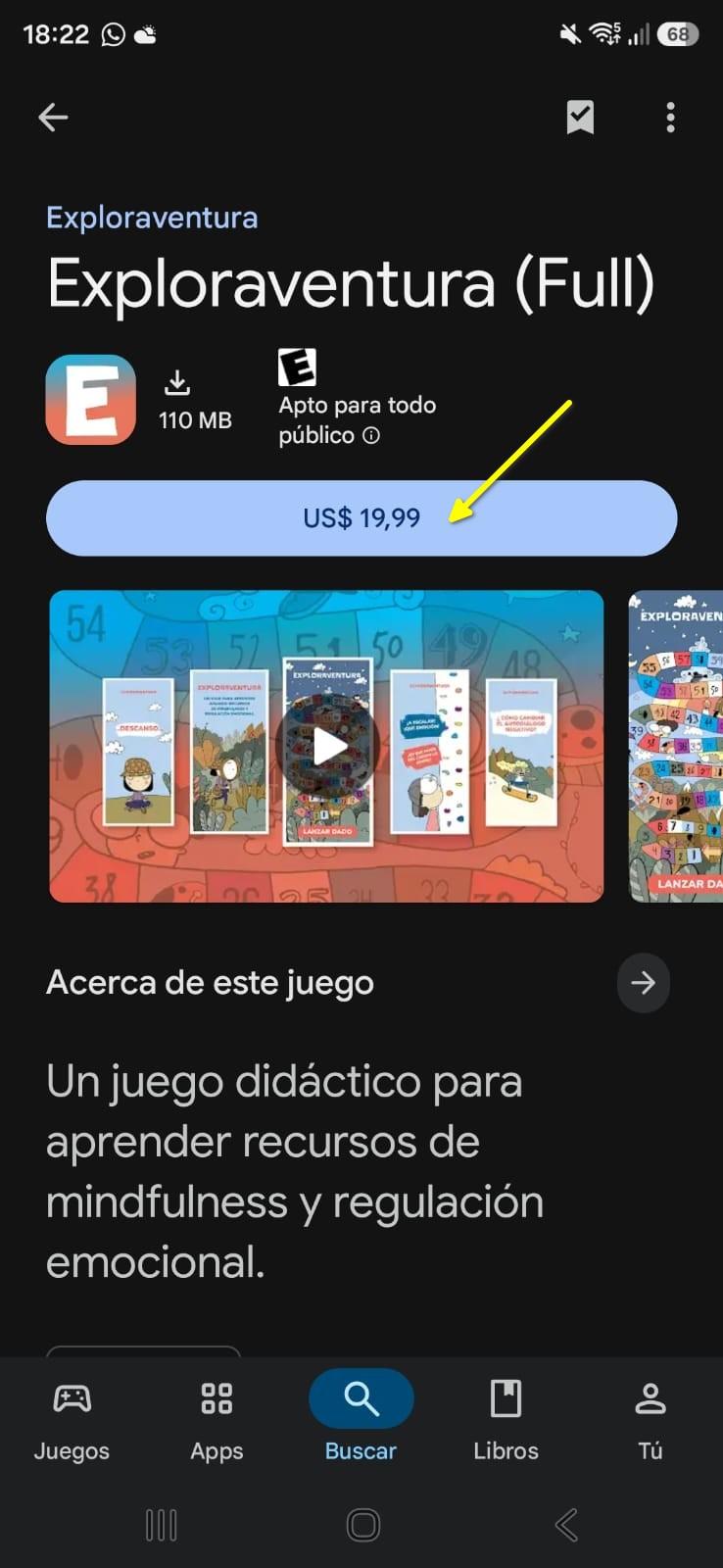 Ficha de Exploraventura en Google Play, con una flecha señalando el botón del precio.