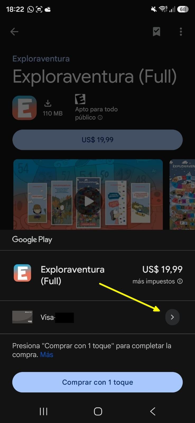 Pantalla de compra de Google Play, con una flecha señalando el acceso a las formas de pago.