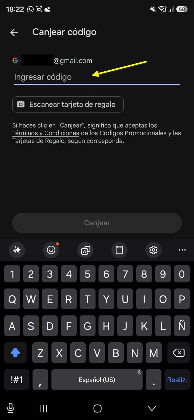 Pantalla de Google Play para ingresar el código del cupón y canjearlo.
